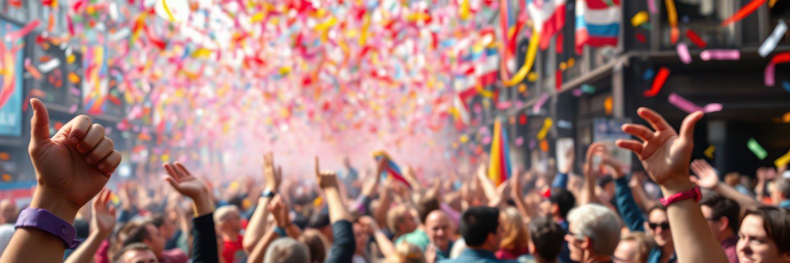 Celebration of joy and unity with colorful confetti raining down on a lively crowd in a bustling urban street